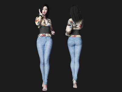 Front And Back Views Of Female Character With Floral Top Black Belt Blue Jeans Heels 3d model