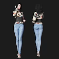 Front And Back Views Of Female Character With Floral Top Black Belt Blue Jeans Heels