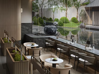 Hotel Public Lounge Area With Natural Landscape Water Feature Green Plants And Comfortable Seating 3d model