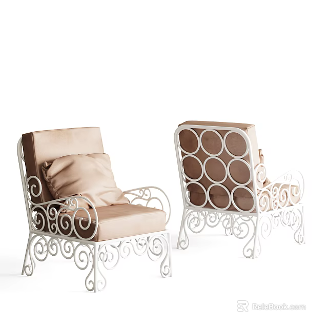 White Metal Frame Single Sofa With Curved Scroll Design And Beige Cushion 3d model