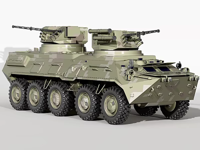 Modern Wheeled Tank Armored Vehicle With Dual Turrets And Military Green Exterior 3d model