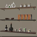 Wall Mounted Shelves with Decorative Items Jars Wooden Bowls Colorful Books Bottles and Mugs