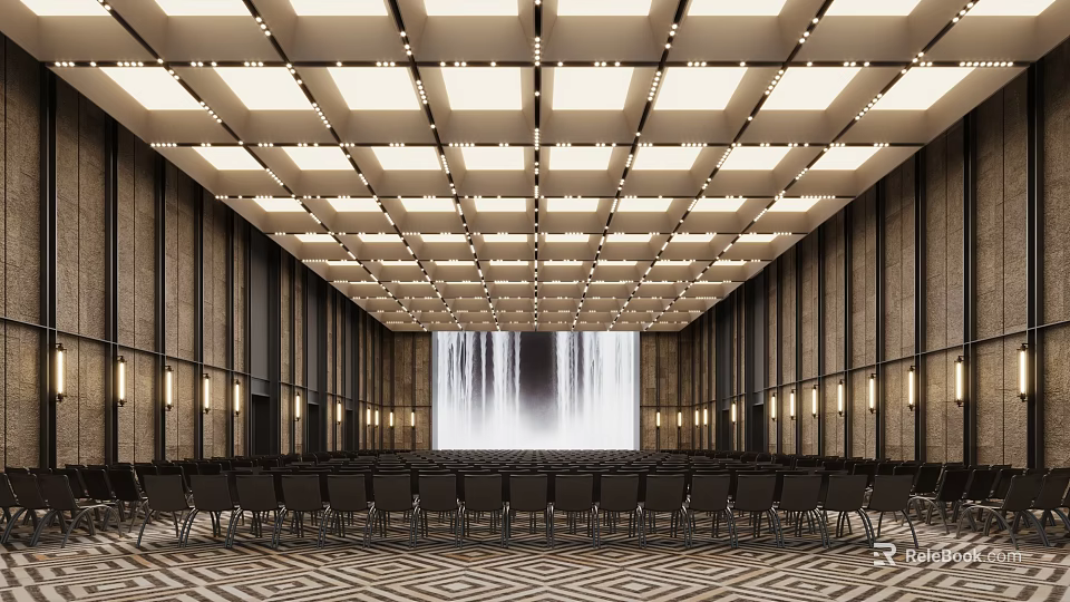 Modern Conference Room With Waterfall Background Screen Arranged Chairs Grid Ceiling Lighting And Textured Walls 3d model 