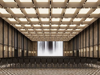 Modern Conference Room With Waterfall Background Screen Arranged Chairs Grid Ceiling Lighting And Textured Walls 3d model