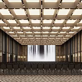 Modern Conference Room With Waterfall Background Screen Arranged Chairs Grid Ceiling Lighting And Textured Walls