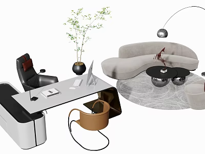 Modern Contemporary Office Interior With Desk Chair Sofa Green Plant And Floor Lamp 3d model