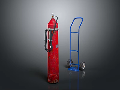 Blue Industrial Handcart Standing Next To Red Gas Cylinder On Dark Surface 3d model