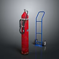 Blue Industrial Handcart Standing Next To Red Gas Cylinder On Dark Surface