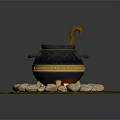 Black Cauldron with Green Liquid Curved Handle on Wooden Stand with Stones and Flames Around