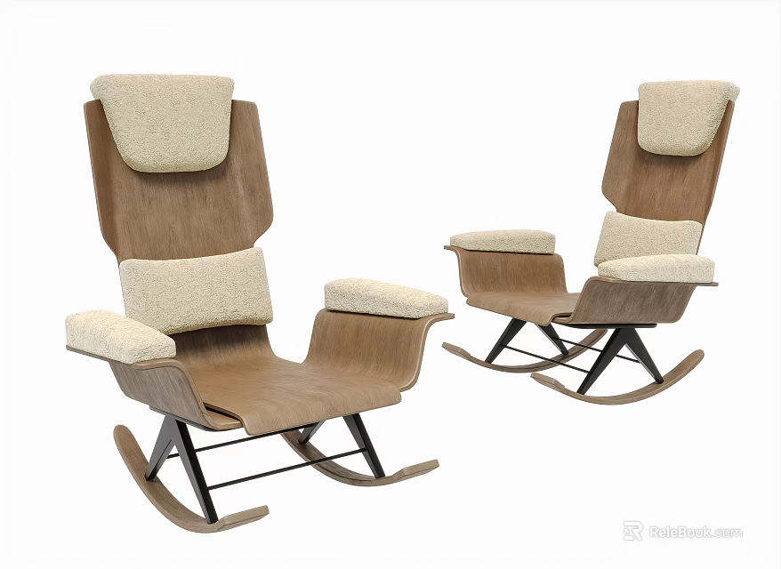 Stylish Wooden Rocking Lounge Chair Design With Beige Upholstered Cushion And Backrest 3d model 