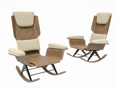 Stylish Wooden Rocking Lounge Chair Design With Beige Upholstered Cushion And Backrest 3d model