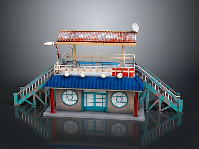 Small Building Structure With Rusted Metal Roof Blue Doors Windows Staircases And Satellite Dish 3d model