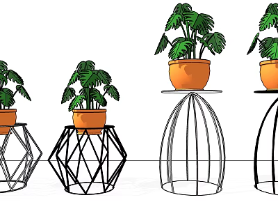 Decorative Bonsai Potted Plants On Geometric Metal Plant Stands With Orange Pots 3d model