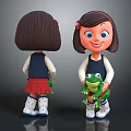 Cute Cartoon Girl With Brown Hair Red Hairband Holding Green Frog In Red Plaid Skirt