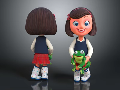 Cute Cartoon Girl With Brown Hair Red Hairband Holding Green Frog In Red Plaid Skirt 3d model