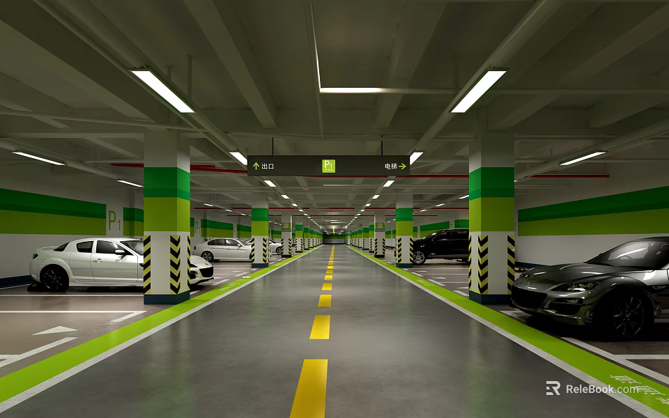 Modern Indoor Parking Garage With Parked Cars Green White Columns And Yellow Guide Lines 3d model 