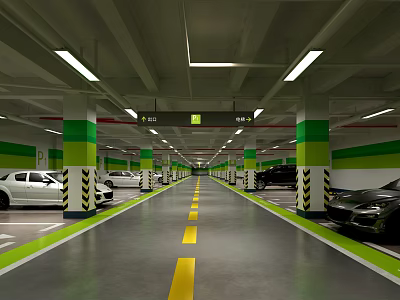 Modern Indoor Parking Garage With Parked Cars Green White Columns And Yellow Guide Lines 3d model