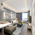 Modern Living and Dining Room Interior With White Wall TV Sofa Yellow Coffee Table Chandelier