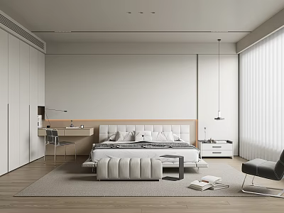 Modern Minimalist Bedroom Interior With White Wardrobe Bed Desk Chair And Rug 3d model
