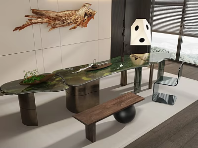 Modern Tea Table and Chairs With Glass Top Wooden Bench and Decorative Wooden Art 3d model