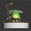 Green Creature Character With Big Eyes Holding Stick And Yellow Flower On White Base