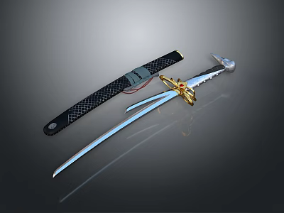 Traditional Japanese Samurai Sword With Black Scabbard Golden Hilt And Silver Blade 3d model