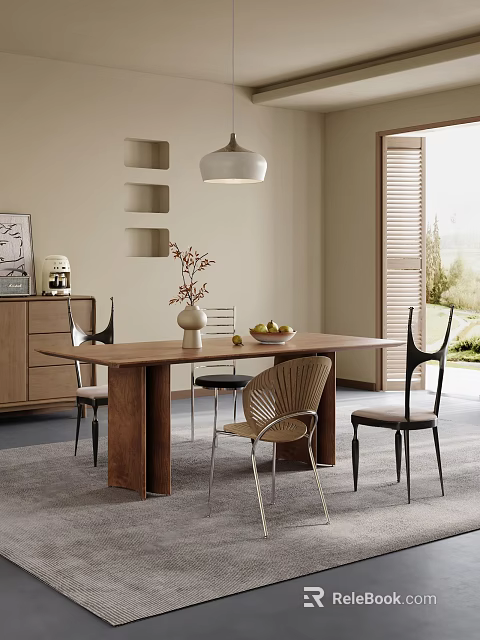 Elegant Restaurant Interior with Wooden Dining Table Vase Fruit Bowl Modern Chairs and Pendant Light 3d model 