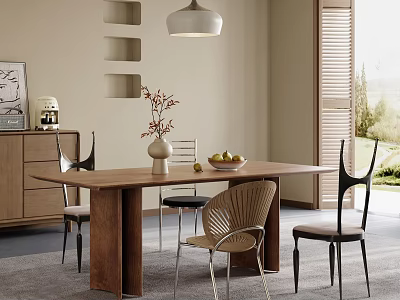 Elegant Restaurant Interior with Wooden Dining Table Vase Fruit Bowl Modern Chairs and Pendant Light 3d model
