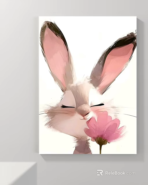 Cute Rabbit Animal Painting With Pink Flower And Closed Eyes In Watercolor Art Style 3d model 
