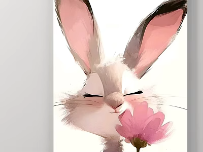 Cute Rabbit Animal Painting With Pink Flower And Closed Eyes In Watercolor Art Style 3d model
