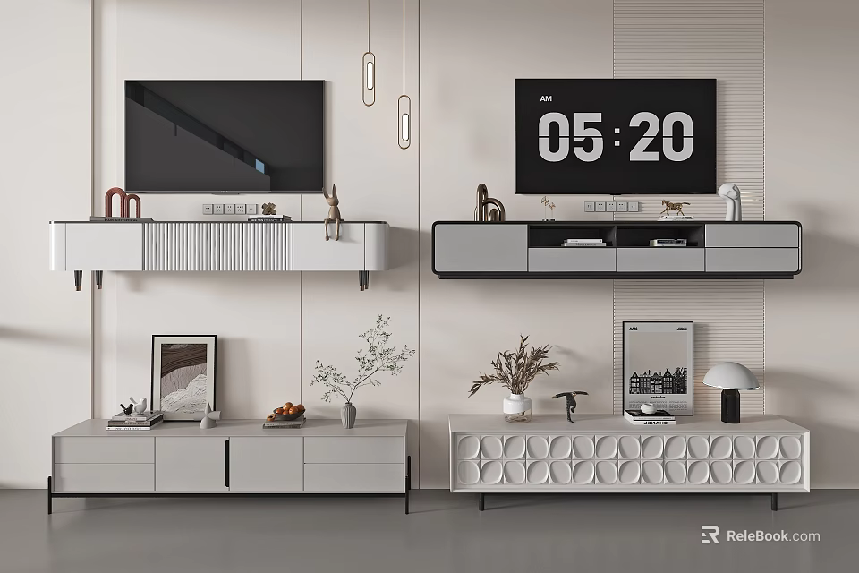 Modern TV Stand With TV Digital Clock Picture Frames Potted Plants And Drawers 3d model 