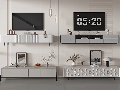 Modern TV Stand With TV Digital Clock Picture Frames Potted Plants And Drawers 3d model
