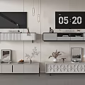 Modern TV Stand With TV Digital Clock Picture Frames Potted Plants And Drawers