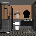 Modern Bathroom Interior Featuring Glass Shower Brown Wall Black Vanity Patterned Tiles And Mirror