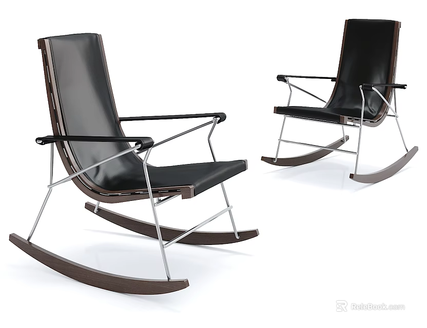 Modern Black Leather Rocking Chairs with Wooden and Metal Frames for Comfortable Relaxation 3d model 