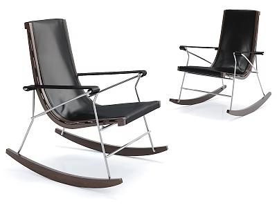 Modern Black Leather Rocking Chairs with Wooden and Metal Frames for Comfortable Relaxation 3d model