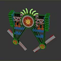 Mechanical Model With Black Green Structure Red Wheels White Blades And Central Red Yellow Emblem
