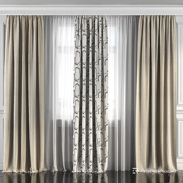 Elegant Beige Window Curtains With Geometric Patterns And Sheer Layers 3d model 