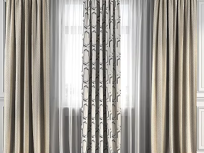 Elegant Beige Window Curtains With Geometric Patterns And Sheer Layers 3d model