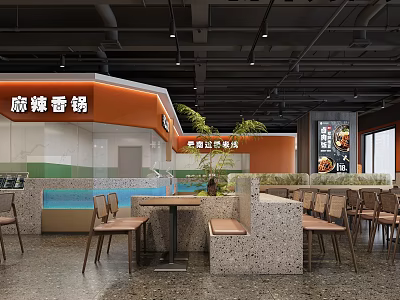 Vibrant Spicy Hot Pot Restaurant Interior With Orange Signage Tables And Green Plants 3d model