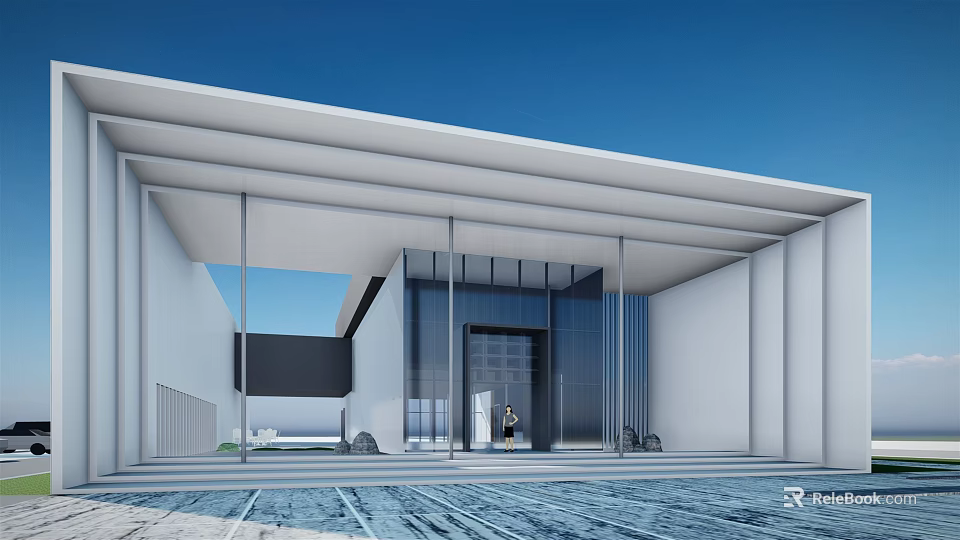 Modern Sales Office Building Architecture with Glass Curtain Wall White Roof And Blue Paved Ground 3d model 