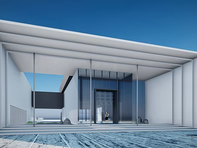 Modern Sales Office Building Architecture with Glass Curtain Wall White Roof And Blue Paved Ground 3d model