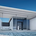 Modern Sales Office Building Architecture with Glass Curtain Wall White Roof And Blue Paved Ground