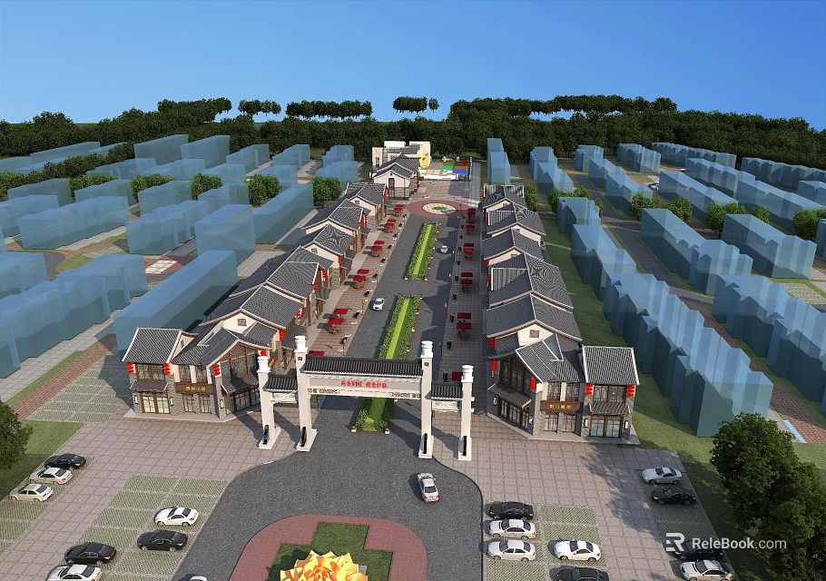 Traditional Commercial Street With Gateway Arch Planned Layout Parking Lot And Green Trees 3d model 