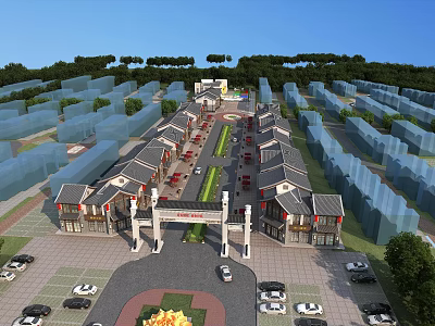 Traditional Commercial Street With Gateway Arch Planned Layout Parking Lot And Green Trees 3d model