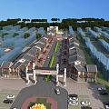 Traditional Commercial Street With Gateway Arch Planned Layout Parking Lot And Green Trees