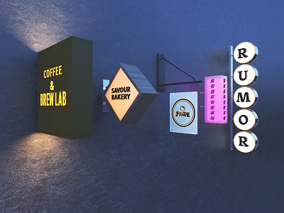 Illuminated Commercial Roadside Signs For Coffee Bakery Pizza And Rumor Shops 3d model