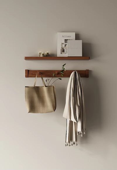 Wooden Wall Shelf With Upper Candle Jars Magazine Lower Rod Woven Tote Light Coat Plant 3d model