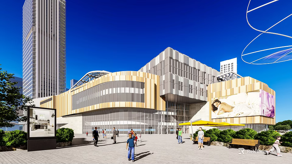 Modern Commercial Complex With Glass Curtain Wall Pedestrian Activity And Urban Greenery 3d model 