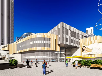 Modern Commercial Complex With Glass Curtain Wall Pedestrian Activity And Urban Greenery 3d model